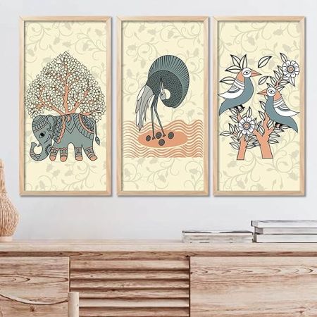 kotart - Traditional Indian Art Pichwai Wall Décor Paintings | Painting for wall Decoration | Madhubani Art Painting with Frame for Living Room set of 3 (10X19 INCH, I)
