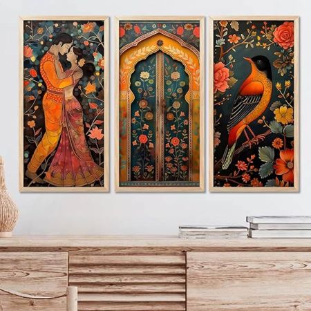 kotart - Traditional Indian Art Pichwai Wall Décor Paintings | Painting for wall Decoration | Madhubani Art Painting with Frame for Living Room set of 3 (10X19 INCH, G)