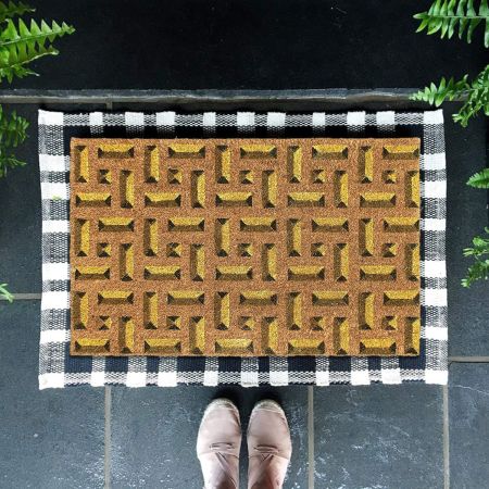 Onlymat Printed Coir Doormat with Non-Slip PVC Backing for Outdoor and Indoors - Durable, Large, Waterproof, and Thick - Plaid Pattern Print, Brown Colored Rug (75x45cm)