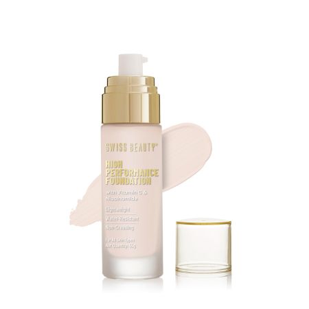 SWISS BEAUTY High Performance Liquid Dewy Foundation For All Skin Type | Water-Resistant | Medium To Buildable Coverage | Lightweight | Easy To Blend | With Vitamin C & Niacinamide | White Ivory, 55G