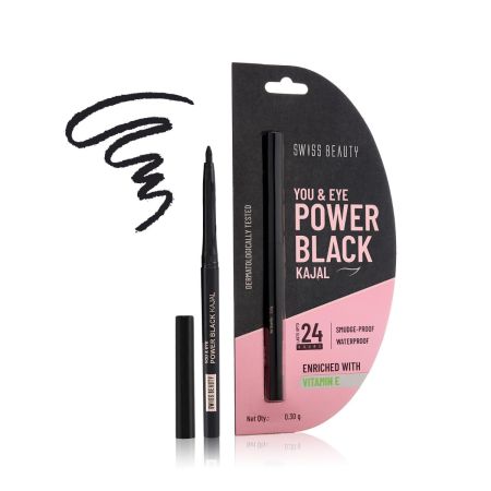 Swiss Beauty You & Eye Power Black Kajal | Waterproof & Smudge-Proof | 24 Hour Stay | Matte Finish Black Kajal | 0.30gm