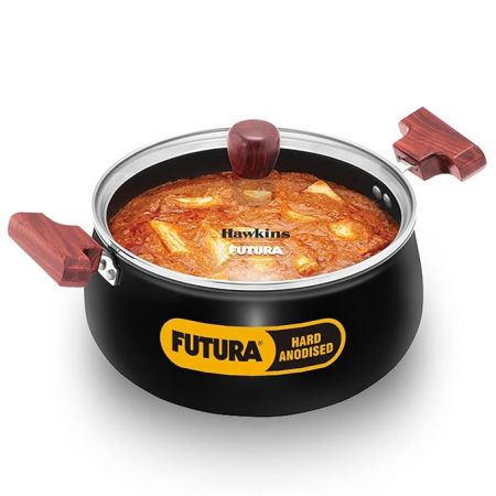 Hawkins Futura 4 Litre Non-Stick Cook in Serve Handi, Hard Anodised Biryani Handi with Glass Lid, Induction Saucepan, Sauce Pan, Black (Iach40G)
