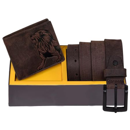 URBAN FOREST Luke Vintage Brown Leather Wallet & Brown Casual Leather Belt Combo Gift set for Men - Packed in Premium Wooden Box for Gifting