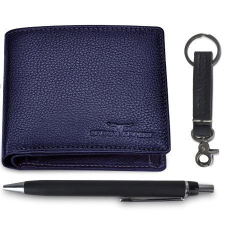 URBAN FOREST Marty Blue Leather Wallet + Pen + Keyring Combo Gift Set for Men