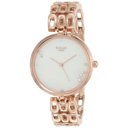 Titan Raga Chic Mother of Pearl Dial Women Gold Analog Watch with Metal Strap-NS2659WM01