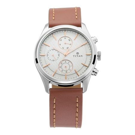 Titan Men's Metropolitan Charm: Men's Multifunctional White Watch with Leather Strap-NS1805SL01/NT1805SL01