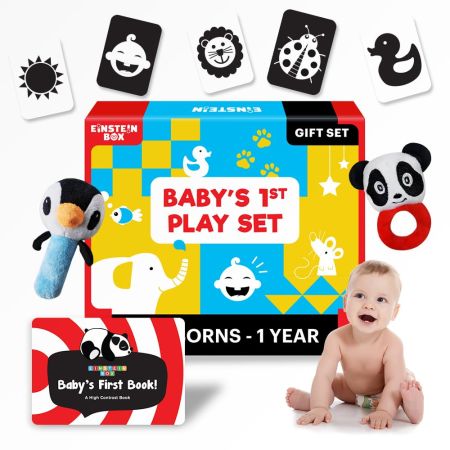 Einstein Box Gift Set for Babies, Newborns and Infants of Age 1-3-6-9-12 Months | High Contrast Flash Cards | Gift Set with Set of Rattles + High Contrast Books + High Contrast Flashcards|