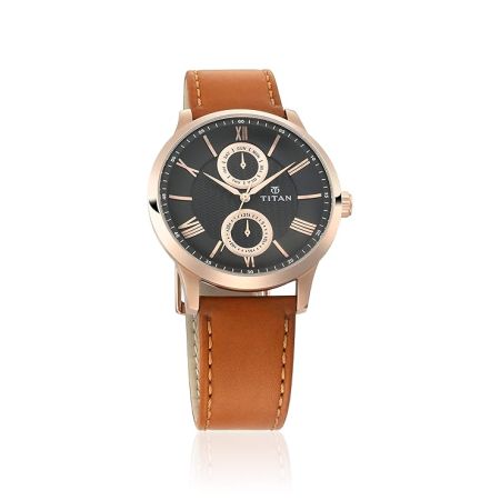 Titan Quartz Multifunction Black Dial Leather Strap Watch for Men-NQ90100WL02