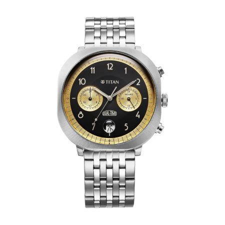 Titan Timeless Treasures Quartz Analog Dual Time Black Dial with Silver Color Stainless Steel Strap Watch for Men-10022SM02/NT10022SM02