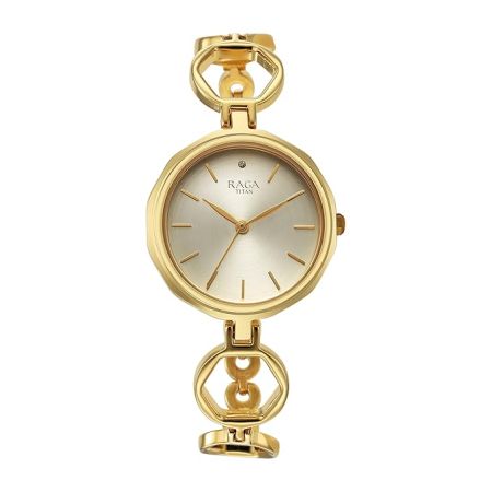 Titan Raga Viva Golden Dial Quartz Analog with Date Metal Strap Watch for Women-NS2685YM01/NT2685YM01