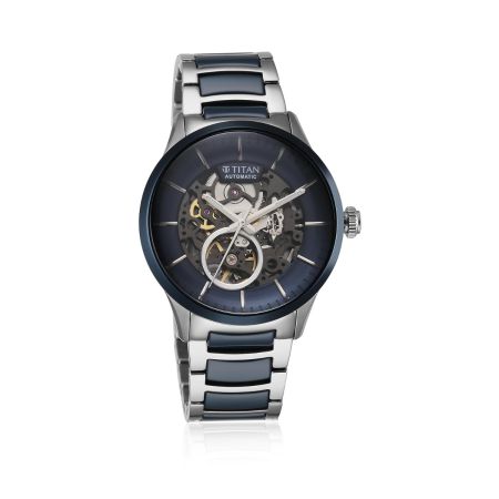 Titan Ceramic Fusion Automatic Blue Dial Silver Dual-Toned Stainless Steel Bracelet Watch for Men-90174KD02/NT90174KD02