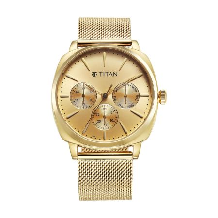Titan Classique Suave Quartz Yellow Dial Golden Stainless Steel Mesh Strap Watch for Men-90189YM02/NT90189YM02