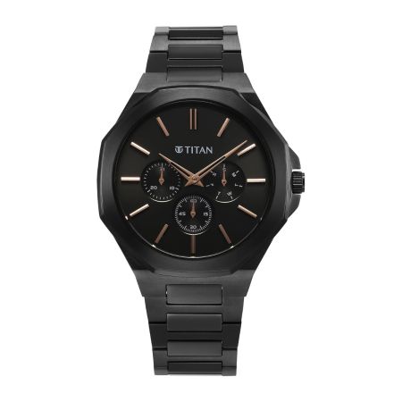 Titan Classic Slim Multifunction Quartz Multifunction Black Dial Stainless Steel Strap Watch for Men-90198NM01/NT90198NM01