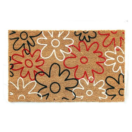 Onlymat Natural Coir Nylon Flocked Red & Black Colour Flower Design Door Mat