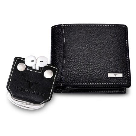 URBAN FOREST Oliver Black Leather Wallet & Earphone Organiser Set for Men