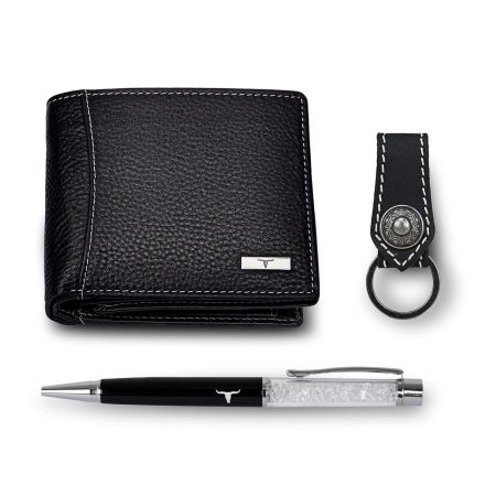 URBAN FOREST Oliver Black Leather Wallet, Black Keychain & Pen Combo Gift Set for Men