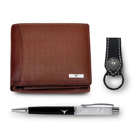URBAN FOREST Oliver Redwood Leather Wallet & Premium Black Keychain Combo Gift Set for Men