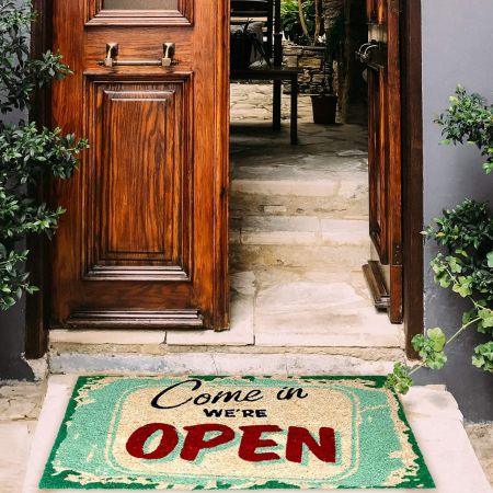 Onlymat Multipurpose Come in We're Open Funny Printed Anti-Slip Doormat (Multicolor) Rectangular Shaped Entryway Rug Natural Coir Material with PVC Backing for Outdoor Entrance Home (75 x 45cm)