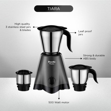 Preethi Tiara Mixer Grinder 500 Watt 3 Stainless Steel Jars Grey & Black 