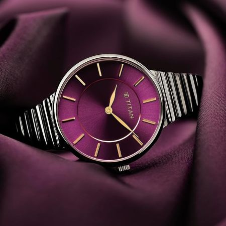 Titan Aura Quartz Analog Purple Dial Stainless Steel Strap Watch for Women-95245KM01/NT95245KM01