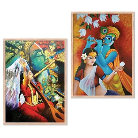 kotart Premium Radha Krishna Art Painting with Frame for Home Decoration - Traditional Painting for Living Room Bedroom Office Room Wall Decor - Pack of 2 (Large, Modern Art Painting, Design05)