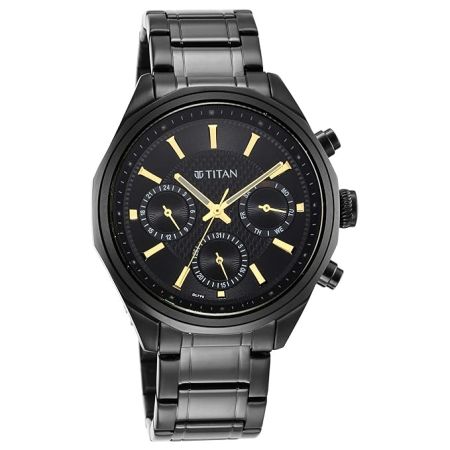 Titan Regalia Quartz Multifunction Black Dial Stainless Steel Strap Watch for Men-NS1829NM02/NT1829NM02