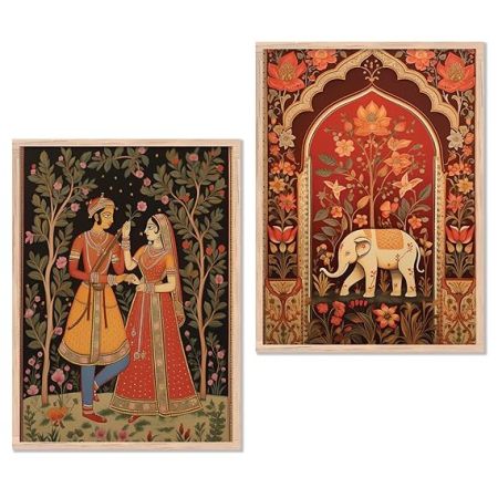 Kotart Madhubani Art Framed Painting For Home, Living Room, Hall | Traditional Rajasthani Pichwai Art Paitnings With Frame For Home Decor (Set Of 2) (Style10) - Paper