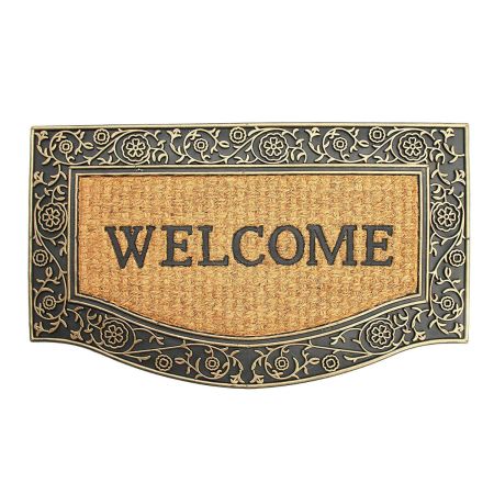 Onlymat Natural Coir, Rubber Black and Golden Welcome Printed Doormat with Beautiful Floral Design Border Long-Lasting, Heavy Duty, Large & Thick Entryway Rug for Indoor & Covered Door Entrances