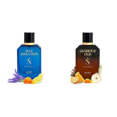 Nisara Blue Seduction & Glorious Oud Eau De Parfum 100ml X 2 | Perfume Combo for Men & Women | Aqua-Fresh Aromatic Fougre Woody Amber