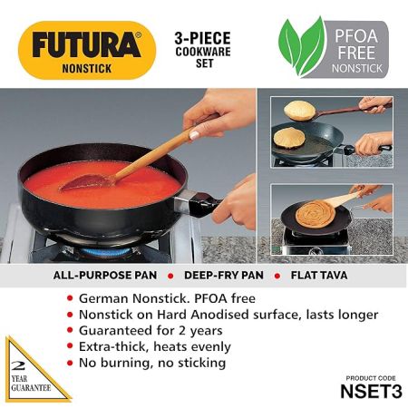Hawkins Futura 3 Pieces Cookware Set 3 - Non Stick Flat Tava, All-Purpose Pan, Stir Fry Kadhai and Two Stainless Steel Lids, Black (NSET3)
