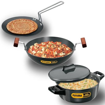 Hawkins Futura 3 Pieces Cookware Set 4 - Hard Anodised Tava, Kadhai, Cook-n-Serve Bowl with One Hard Anodised Lid, Black (ASET4)Aluminium