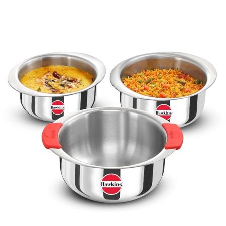 Hawkins Kitchen Gift Pack 2023 (23SGP) 3 Pieces Set of 1.5 Litre, 2 Litre and 2.5 Litre Triply Stainless Steel Patila, Tope, Bhagona, Tapeli, Saucepans Silver