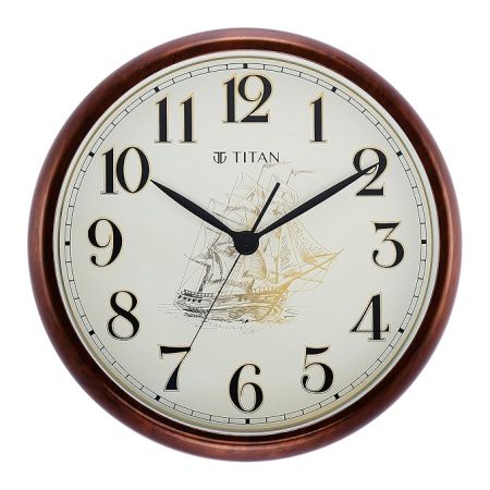 Titan Dark Brown Wood Finish Analog Clock with Ship Design On Dial and Silent Sweep - 39.8 Cm X 39.8 Cm (Large)