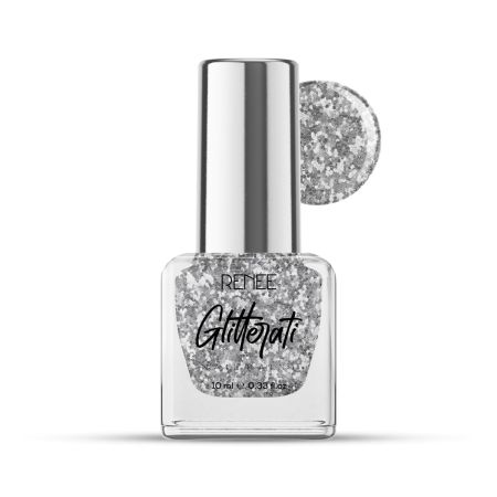 RENEE Glitterati Nail Paint- Silver Confetti 10ml | Quick Drying, Glittery Finish, Long Lasting, Chip resisting Formula with High Glitter & Full Coverage | Acetone & Paraben Free 