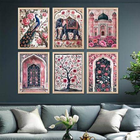kotart Madhubani wall Art Paintings with Frame for Home Decoration | Painting for Wall Decoration Traditional Framed Painting for Living Room Bedroom Office Decor | Decorative Wall Art Set of 6 (13x17 inch, A)