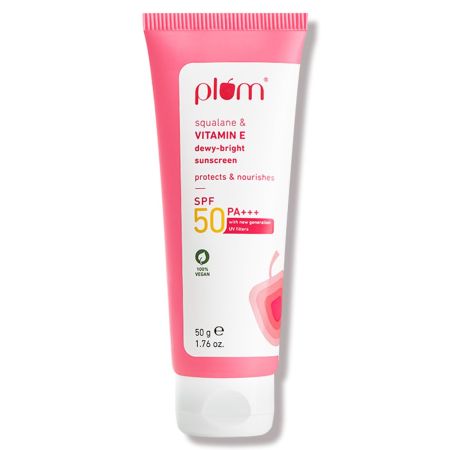 Plum Squalane&Vitamin E Dewy-Bright Sunscreen Spf 50 Pa+++|No White Cast,Lightweight,Non-Sticky|All Skin Types|Sunscreen For Women&Men|100% Vegan|50 G