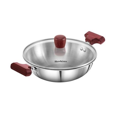 Hawkins 1.5 Litre Deep Fry Pan, Triply Stainless Steel Kadai with Glass Lid, Flat Bottom Induction Kadhai, Small Kadai, Silver (SSD15G)