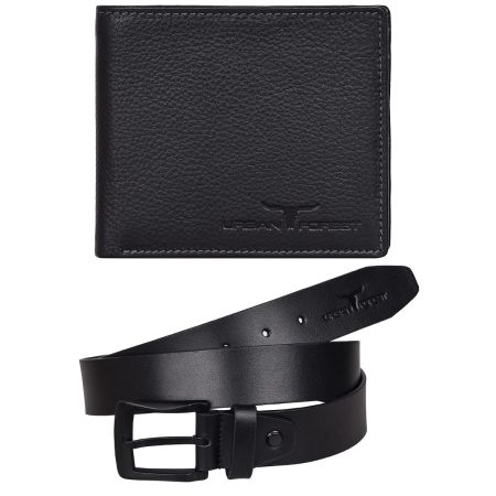 URBAN FOREST Stannis Black Leather Wallet & Black Casual Belt Combo Gift Set for Men