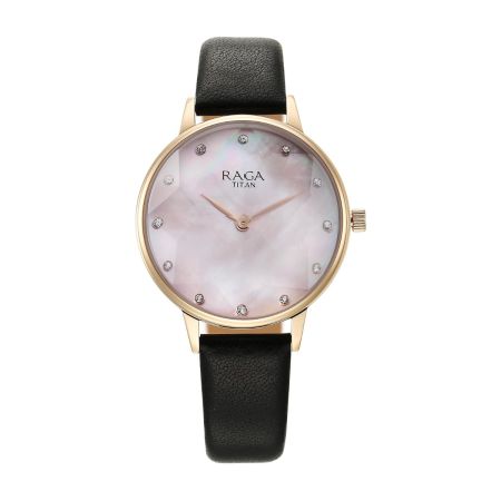 Titan Raga Showstopper Quartz Analog Mother of Pearl Dial Leather Strap Watch for Women-95274WL01/NT95274WL01