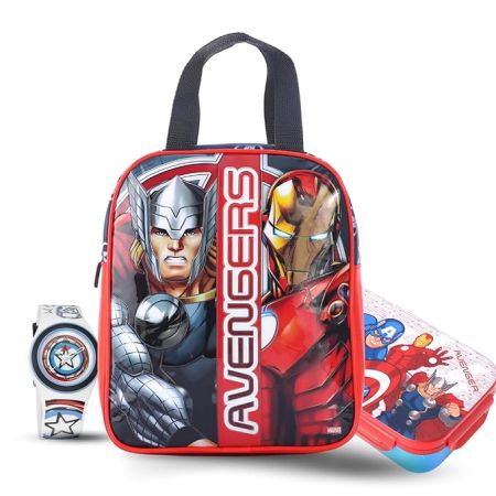 Zoop Avengers Gift Set - Analog Watch + Tiffin Bag + Tiffin Box for Kids