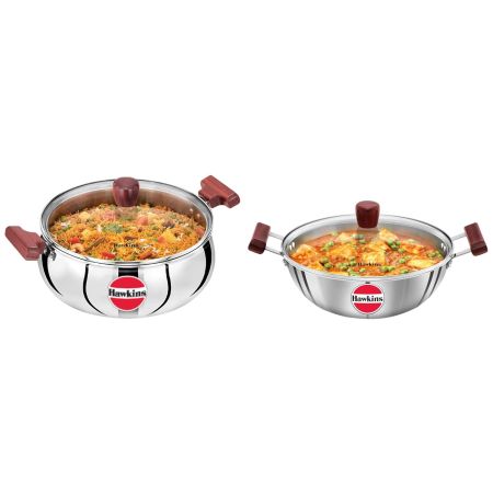 Hawkins 5 Litre Cook n Serve Handi with Glass Lid & Tri-Ply Stainless Steel Induction Compatible Deep Kadhai (Deep-Fry Pan) with Glass Lid, 4 Litre