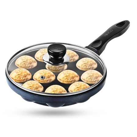 Vinod Zest Aluminium Non Stick Paniyarakal With Glass Lid - 12 Cavities, 20.5Cm | 3Mm Thick | 3 Layer Coating | Metal Spoon Friendly |Toxin Free | 1 Year Warranty - Black