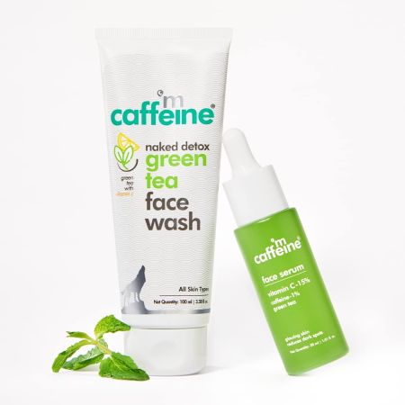 mCaffeine Green Tea & Vitamin C Daily Face Glow Duo with Face Wash and Face Serum | Cleanses, Reduces Dark spots & Pigmentation | 2 Step Daily Routine for Women & Men | 130ml