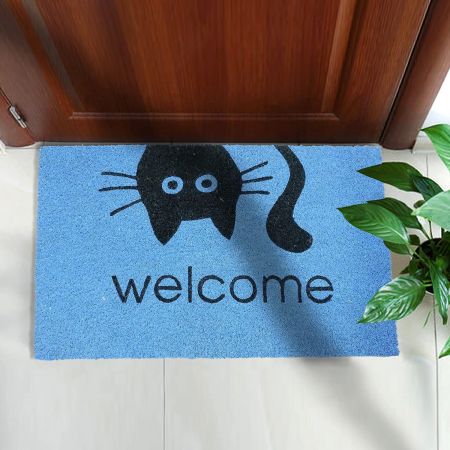 Onlymat Natural Coir Welcome Printed with Cat Face Anti-Slip Rectangular Entryway Doormat with PVC Backing for Outdoor Entrance Home Floor Door (75cm x 45cm, Blue)