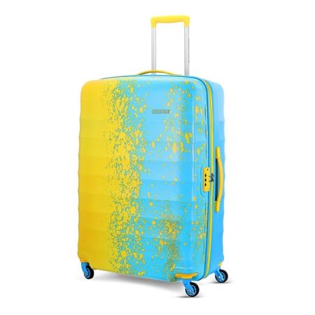 American Tourister Geller Spinner 55 Cms Small Cabin Polycarbonate Hardshell Sided Printed Colourful Luggage/4 Wheel Inline Trolley Bag with TSA Lock for Men and Women (Yellow and Blue)