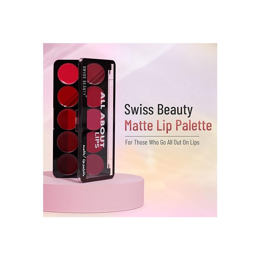 Swiss Beauty All About Lip Palette With 10 Pigmented Colors |Creamy Matte Finish Lip Colors Lipstick |Travel Friendly Lip Palette | Multicolor -01, 12gm