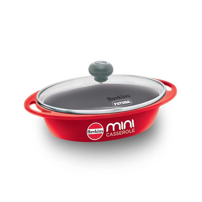 Hawkins 0.75 Litre Mini Casserole with Glass Lid, Oval Shaped Die-Cast pan for Cooking, Reheating, Serving and Storing, Red (DCR75G)