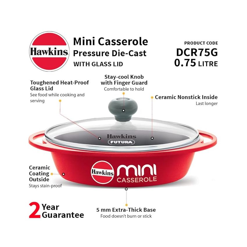 Hawkins 0.75 Litre Mini Casserole with Glass Lid, Oval Shaped Die-Cast pan for Cooking, Reheating, Serving and Storing, Red (DCR75G)