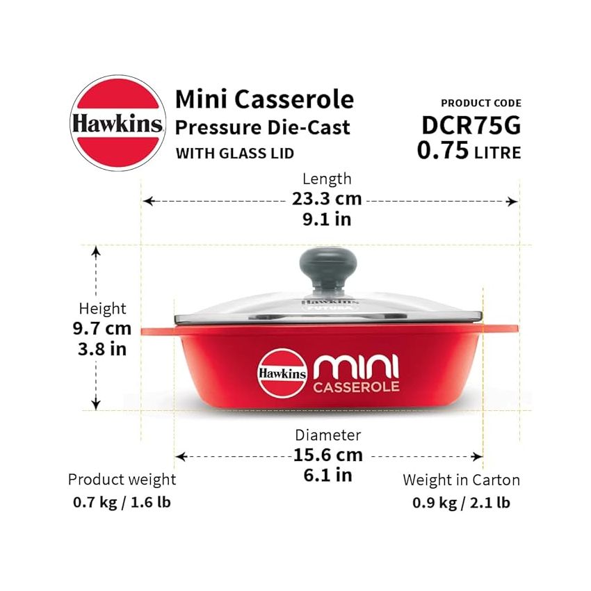 Hawkins 0.75 Litre Mini Casserole with Glass Lid, Oval Shaped Die-Cast pan for Cooking, Reheating, Serving and Storing, Red (DCR75G)
