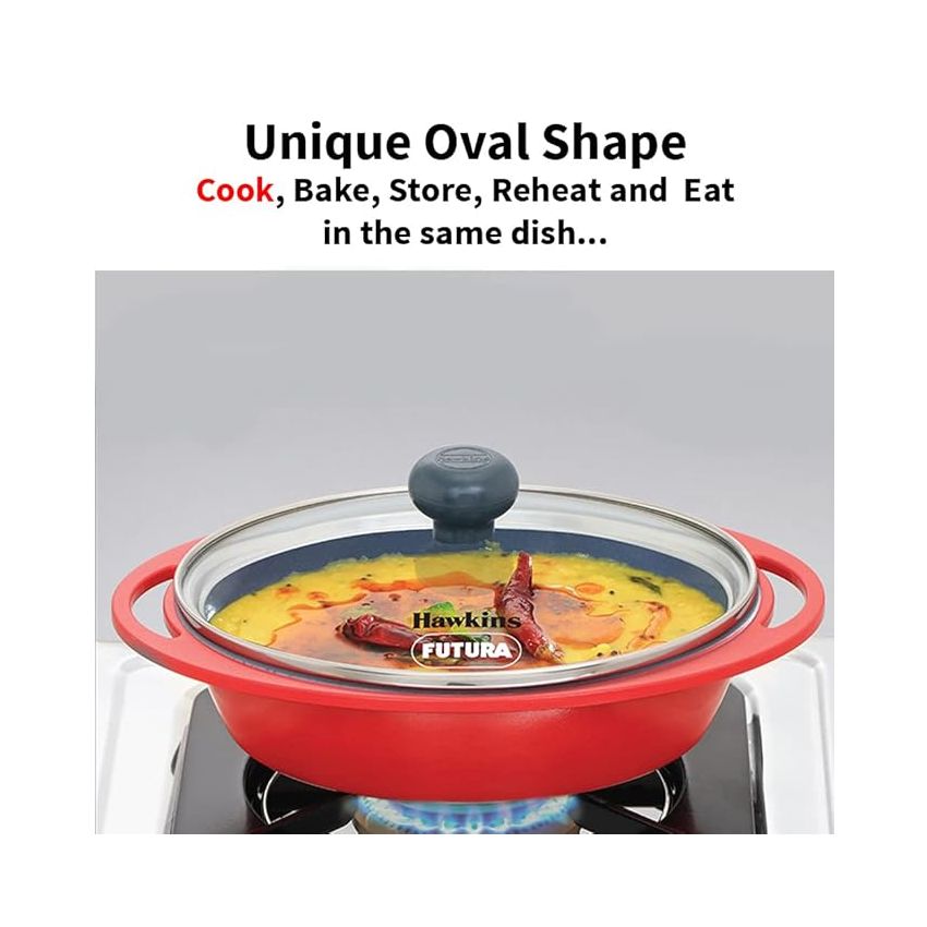Hawkins 0.75 Litre Mini Casserole with Glass Lid, Oval Shaped Die-Cast pan for Cooking, Reheating, Serving and Storing, Red (DCR75G)